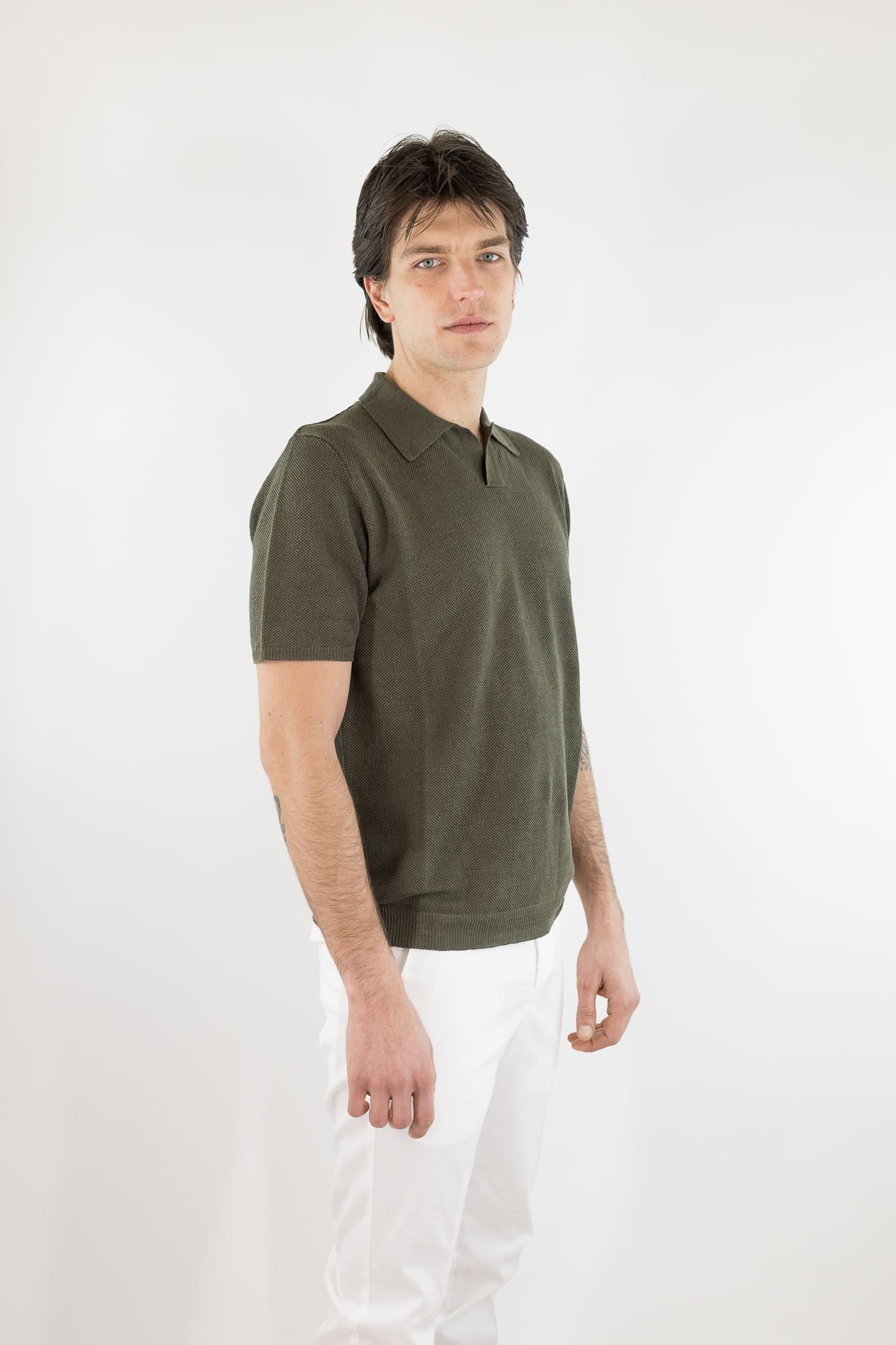 ROBERTO COLLINA Polo Skipper Lino Piquet Verde Militare