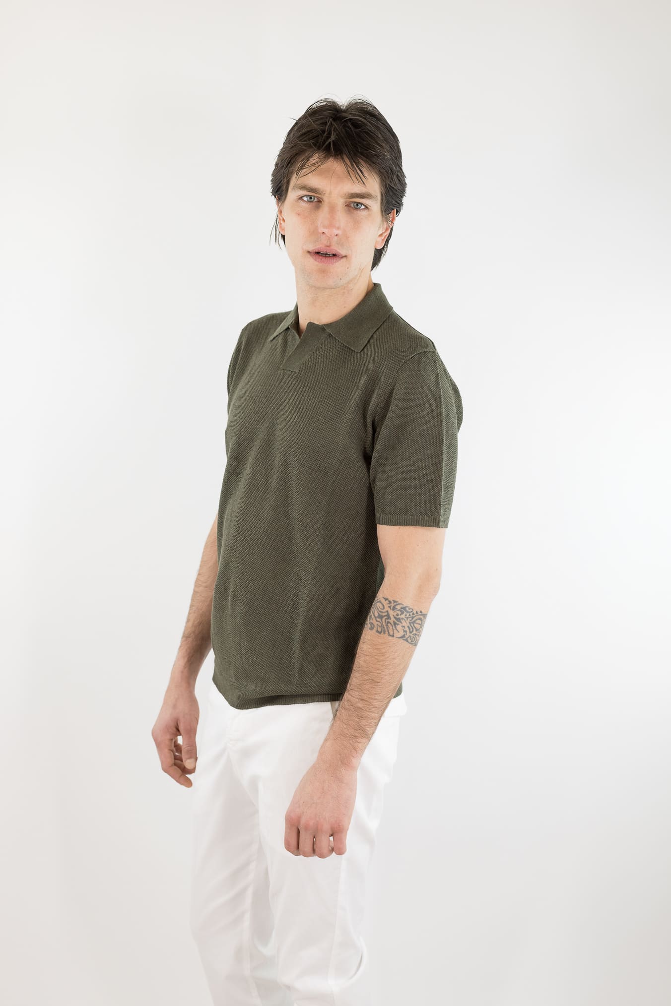ROBERTO COLLINA Polo Skipper Lino Piquet Verde Militare