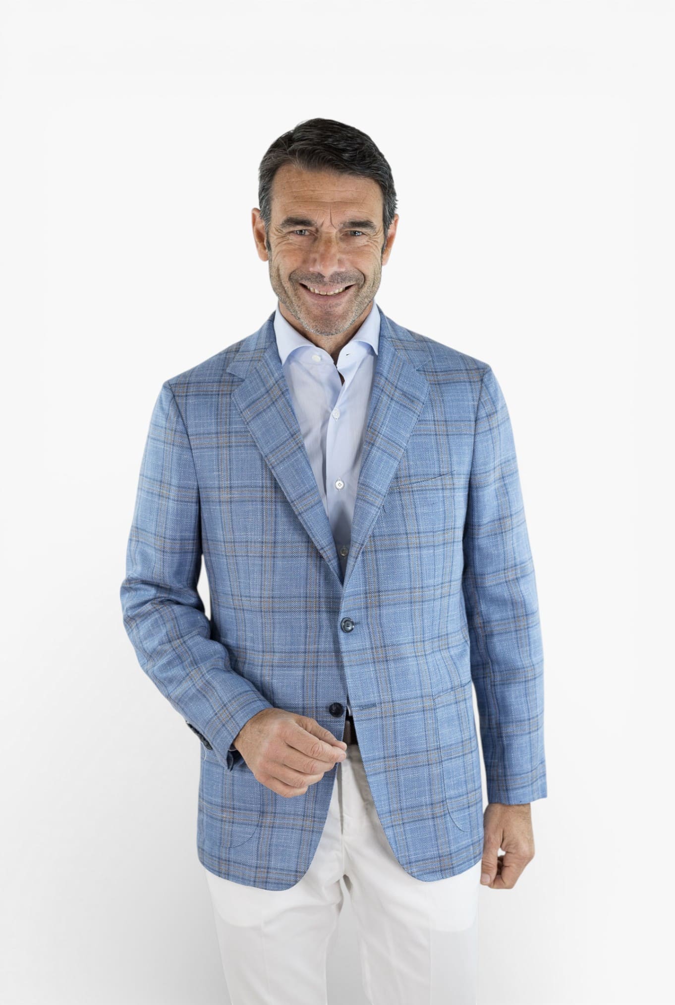 SARTORIO Giacca Check Lana Seta Lino Azzurro