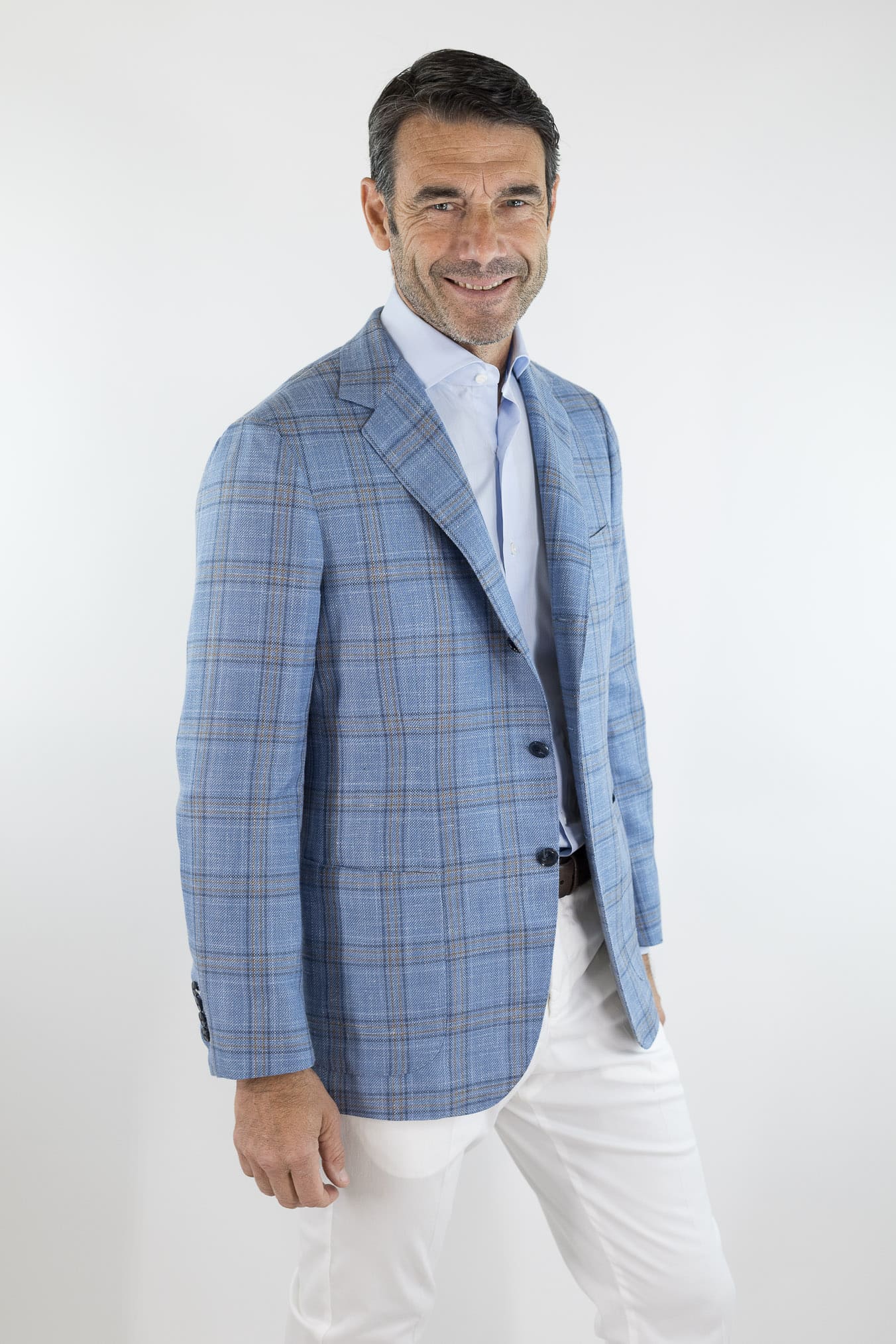 SARTORIO Giacca Check Lana Seta Lino Azzurro