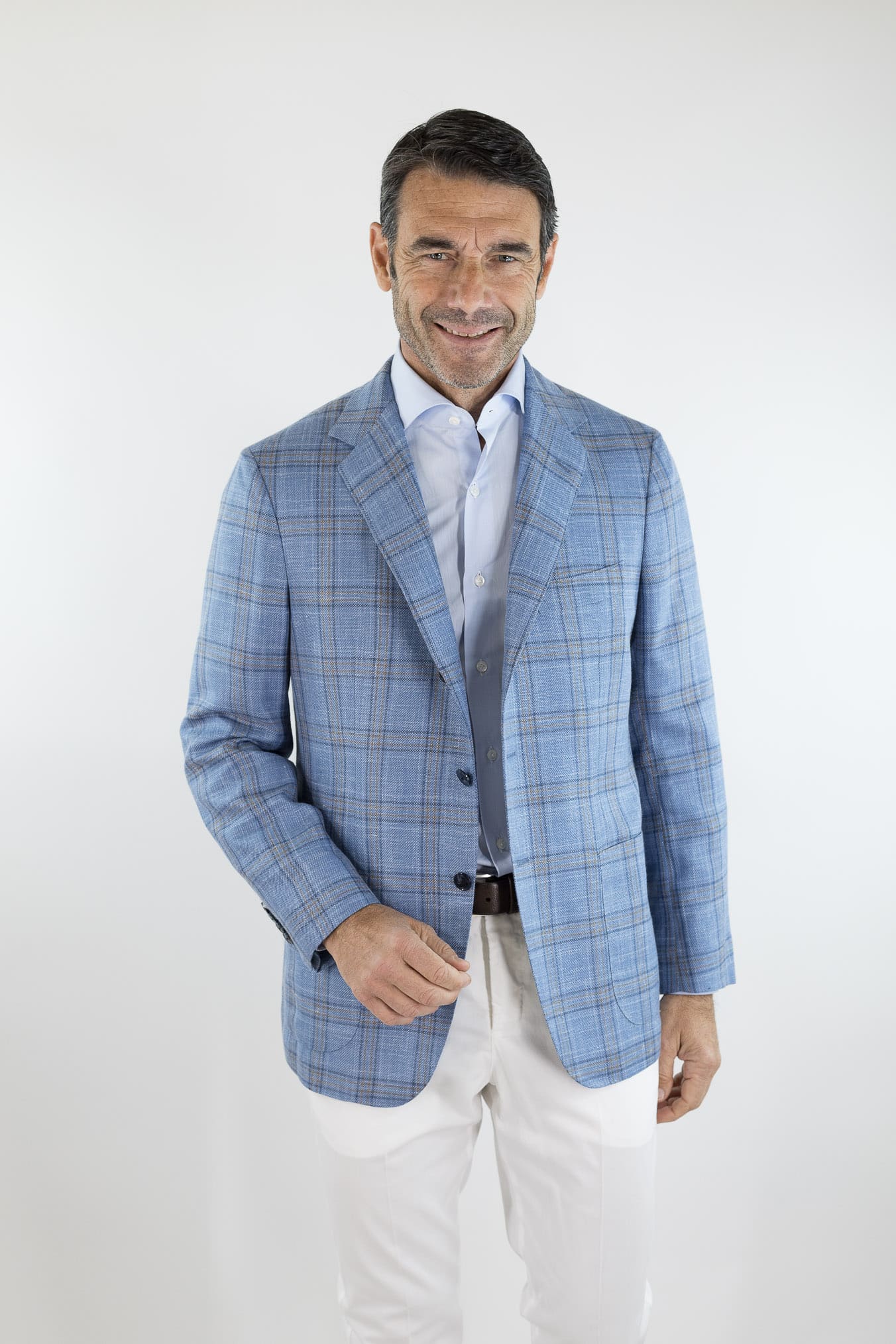 SARTORIO Giacca Check Lana Seta Lino Azzurro