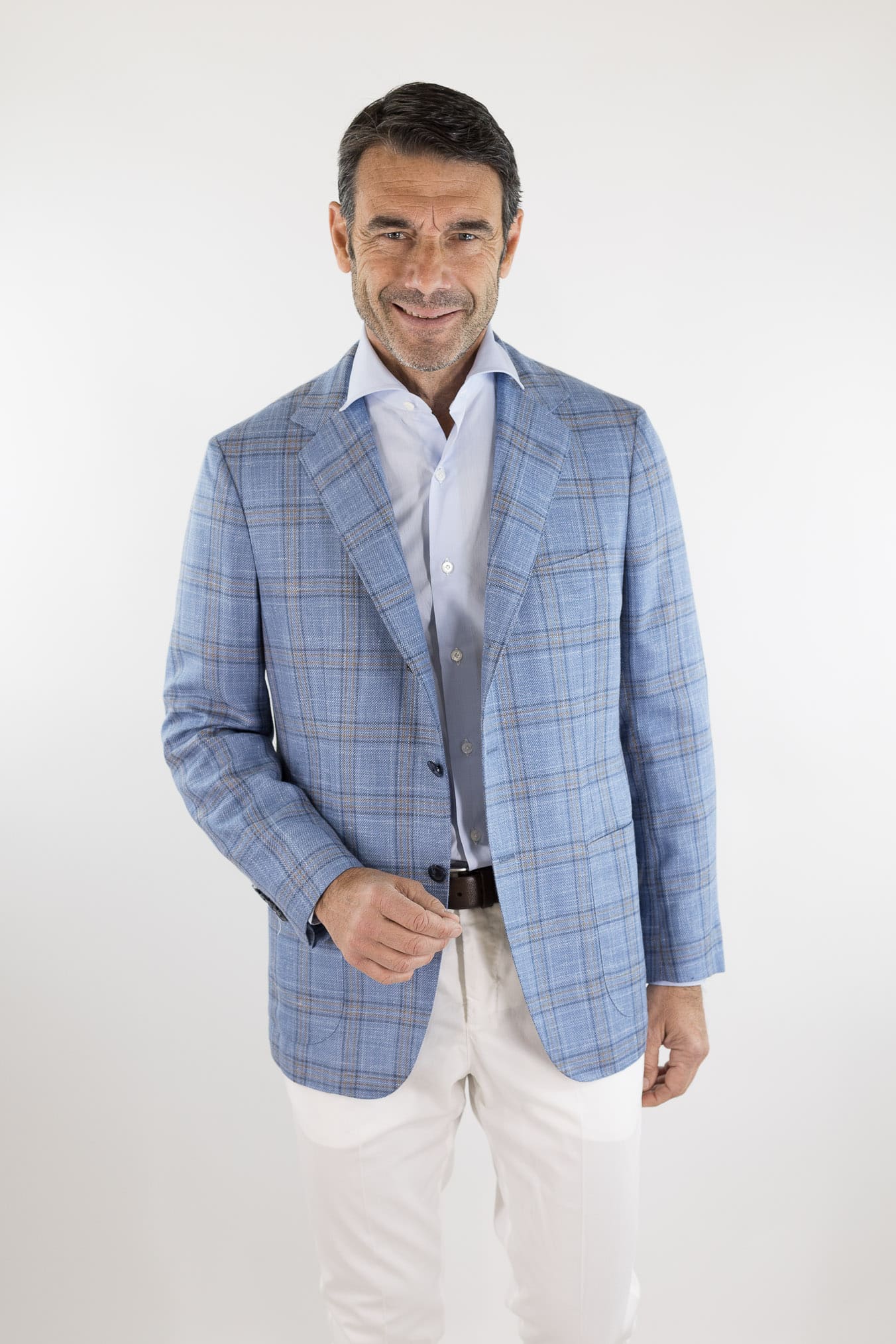 SARTORIO Giacca Check Lana Seta Lino Azzurro