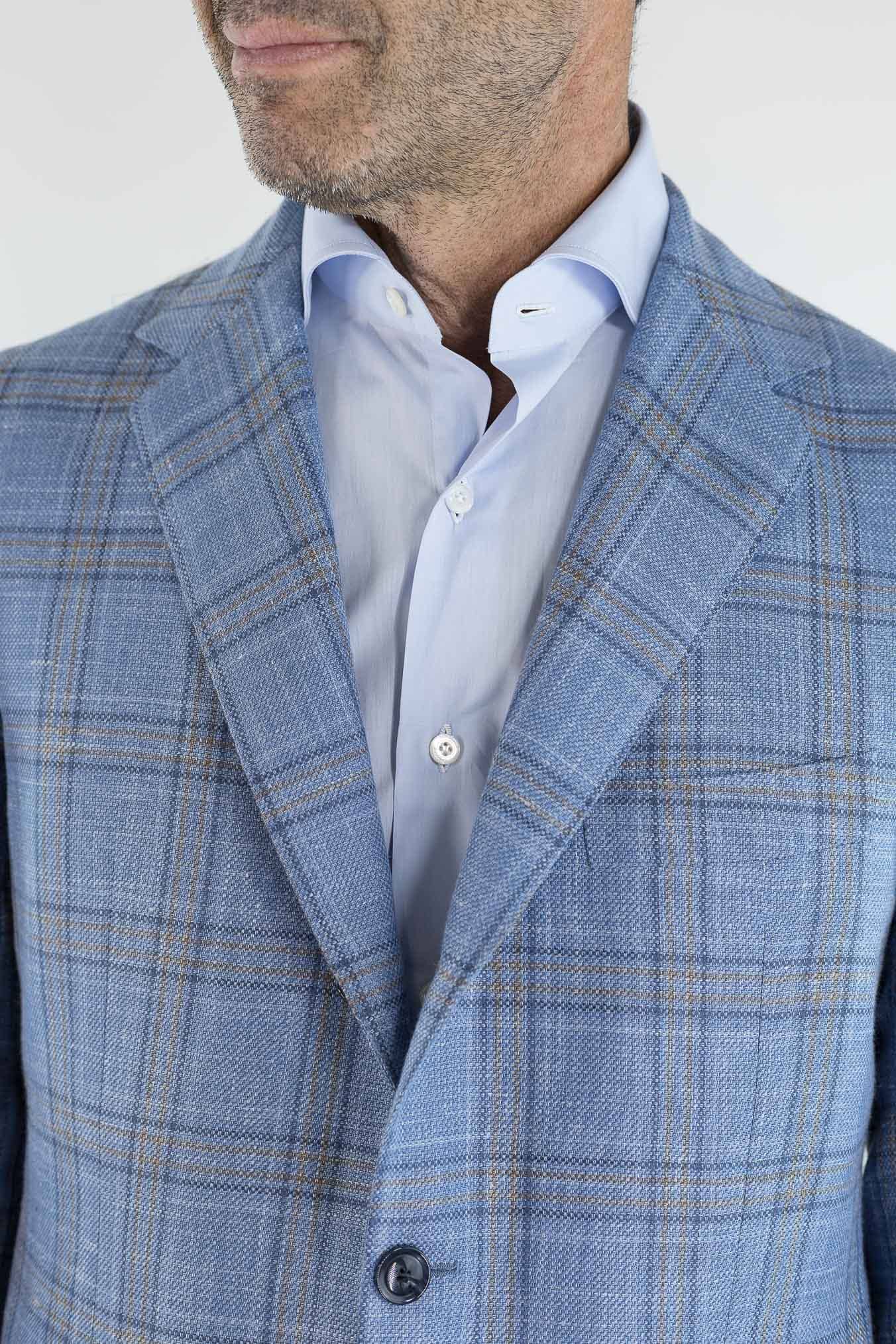 SARTORIO Giacca Check Lana Seta Lino Azzurro