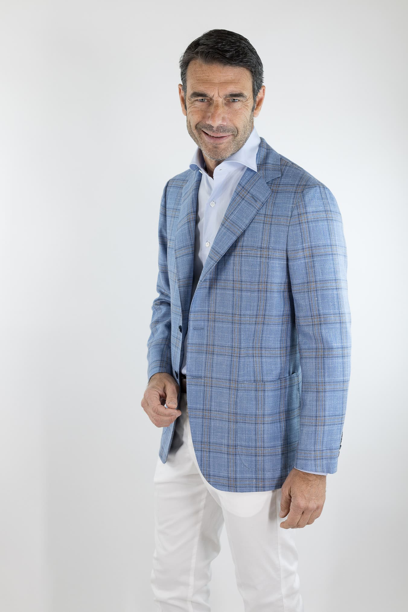 SARTORIO Giacca Check Lana Seta Lino Azzurro