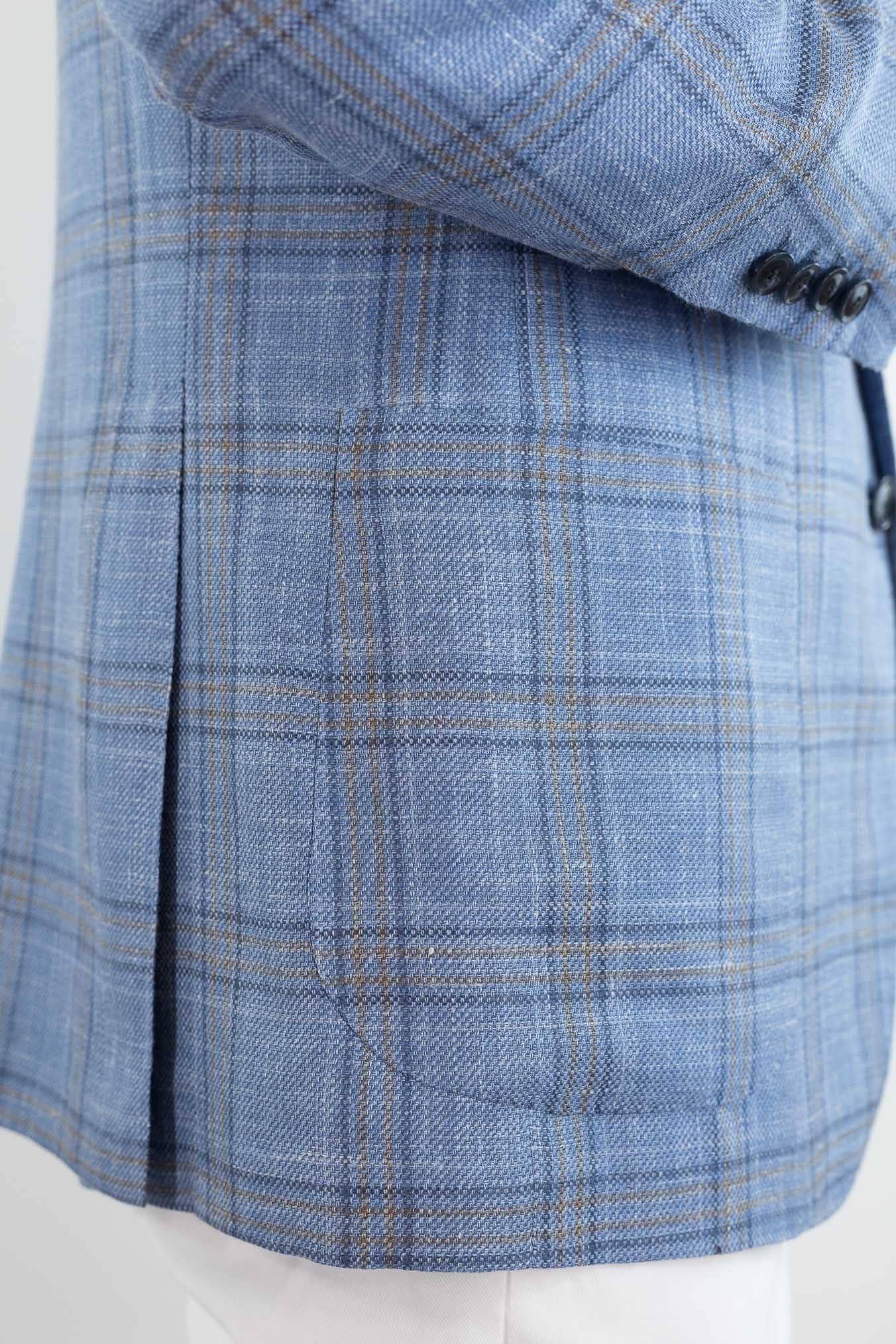 SARTORIO Giacca Check Lana Seta Lino Azzurro