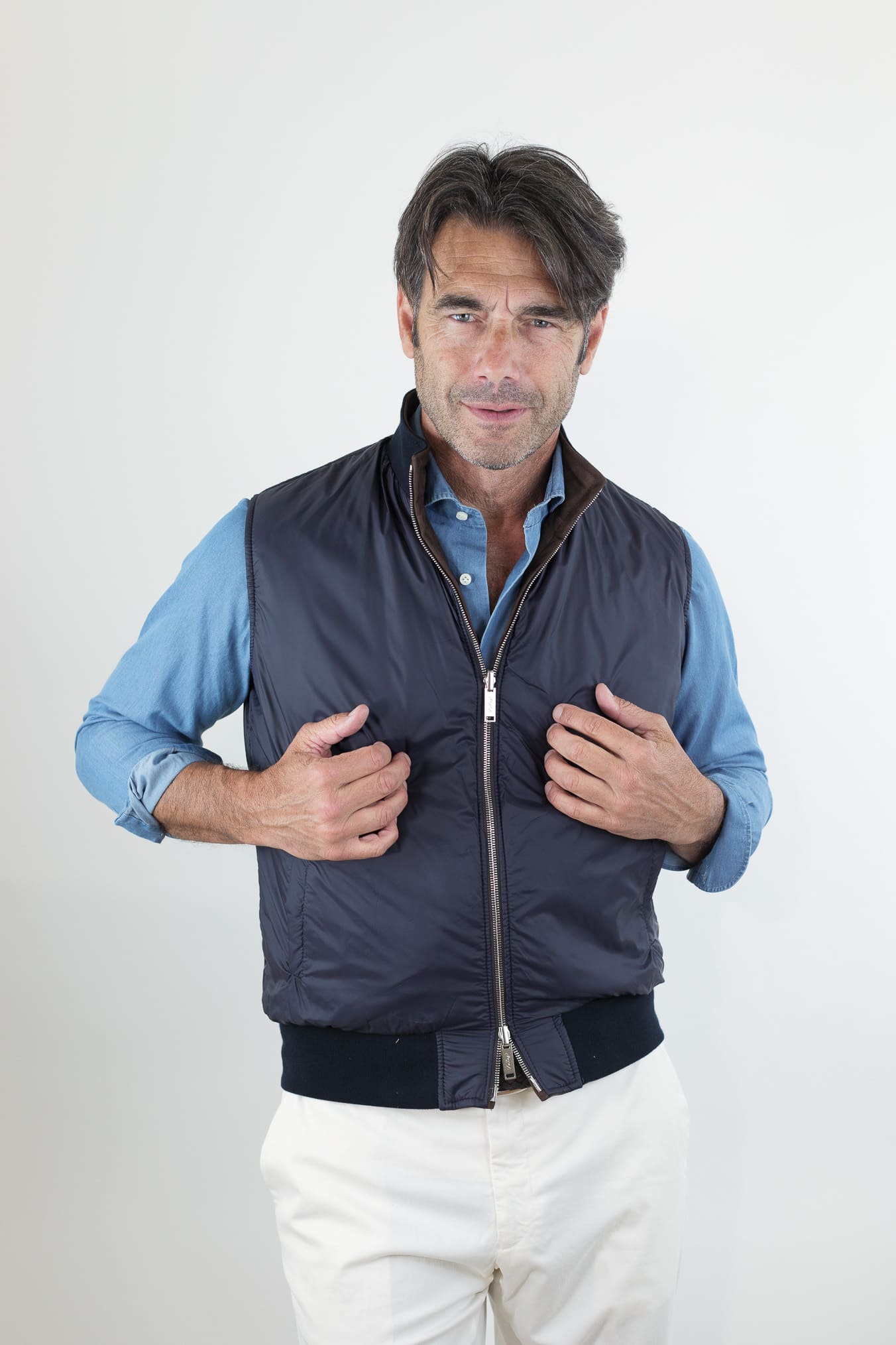 VOLFAGLI Gilet Reversibile Suede Marrone Nylon Blu