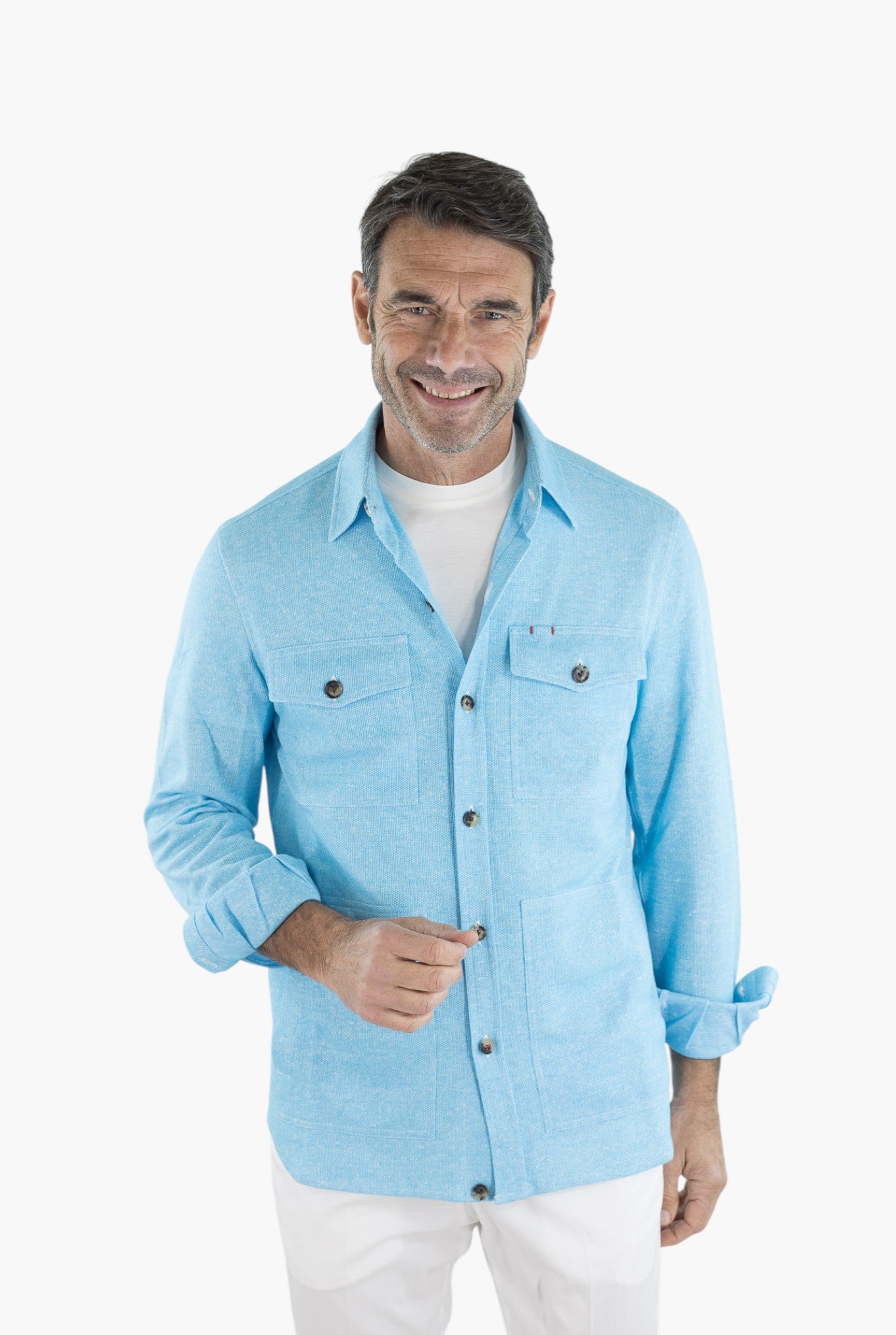 ISAIA Overshirt Lino Cotone Turchese Mélange