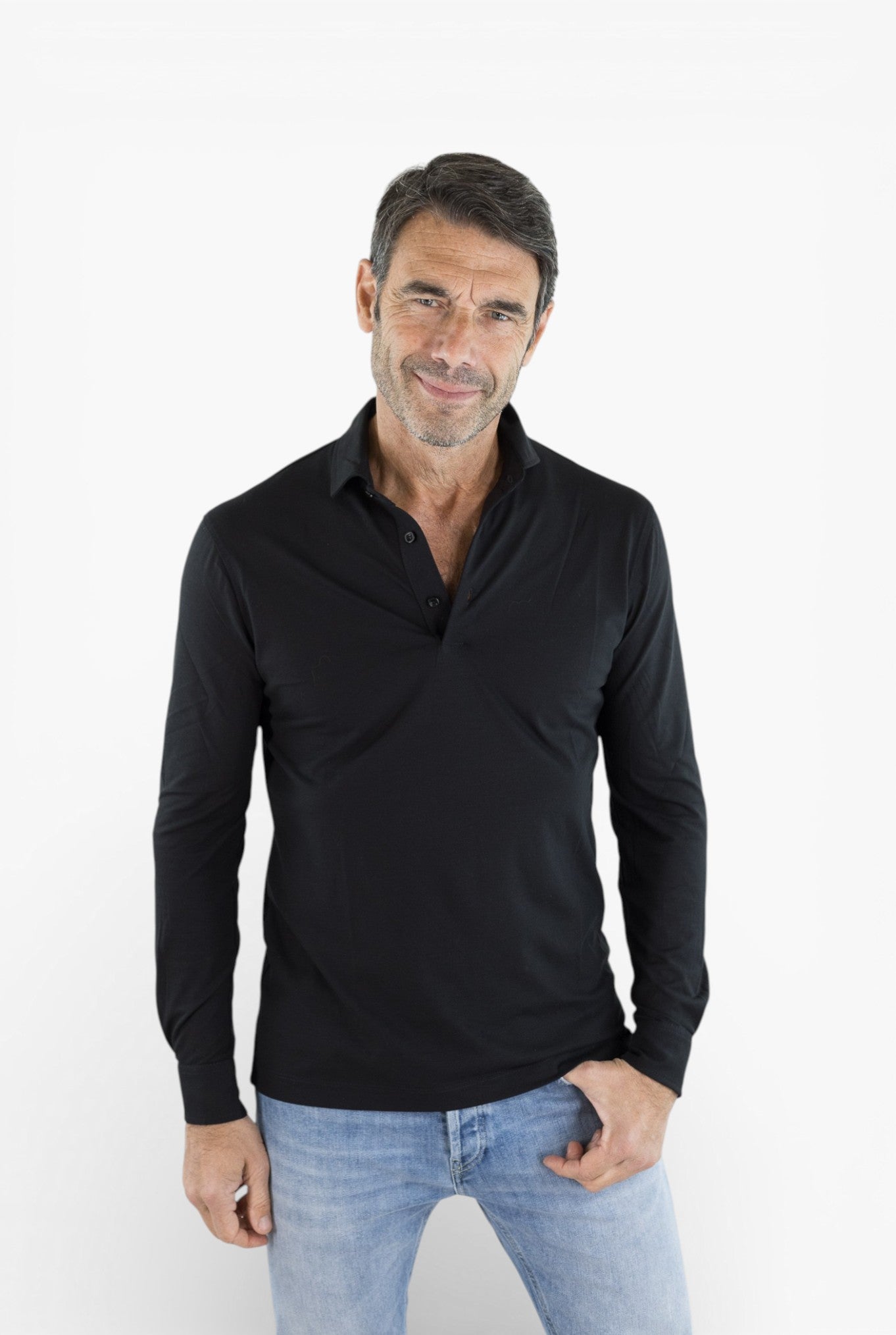 KIRED Polo Maniche Lunghe Cotone Crêpe Nero