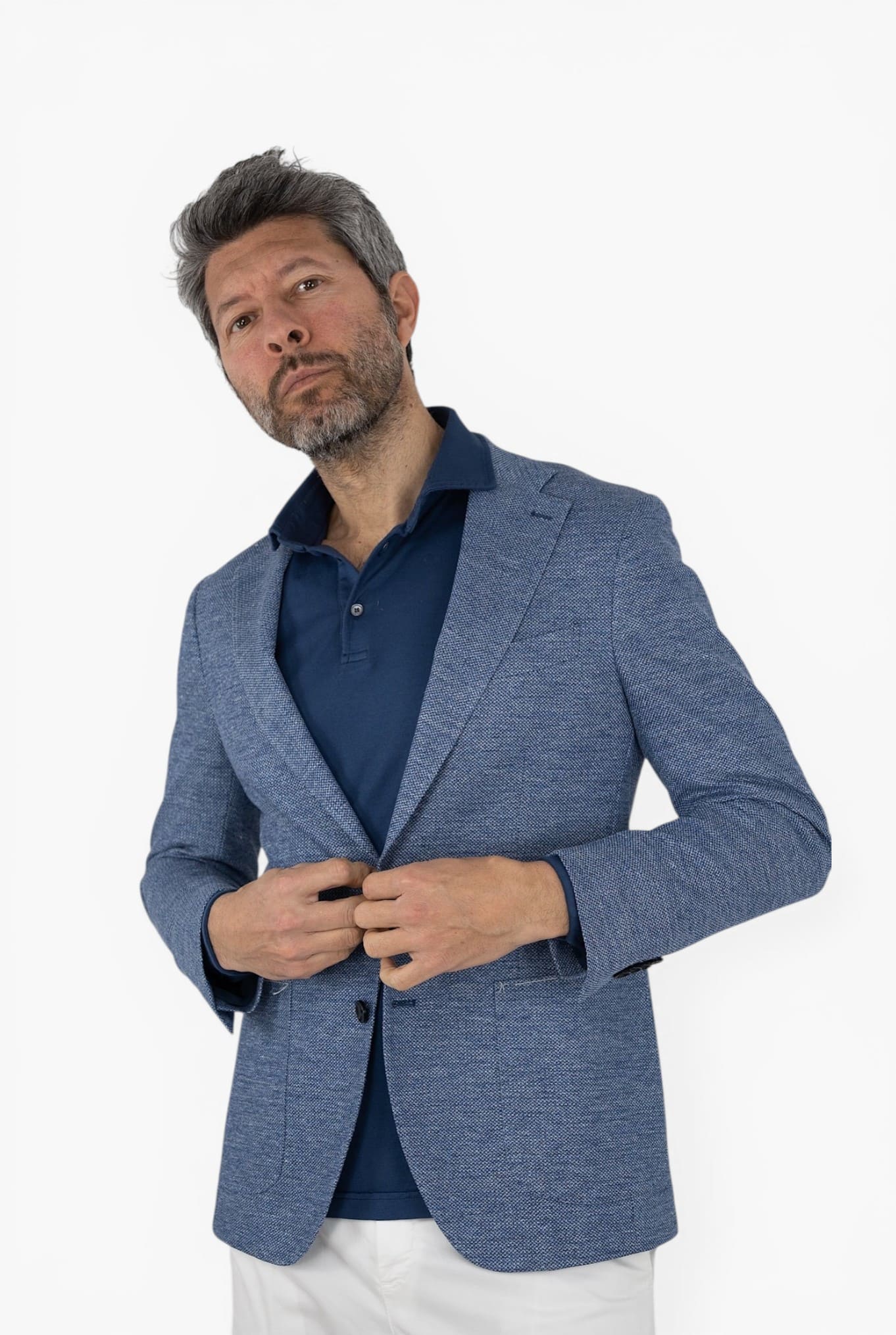 Giacca in Jersey di Lino e Cotone Blu Mélange - Guarino Store