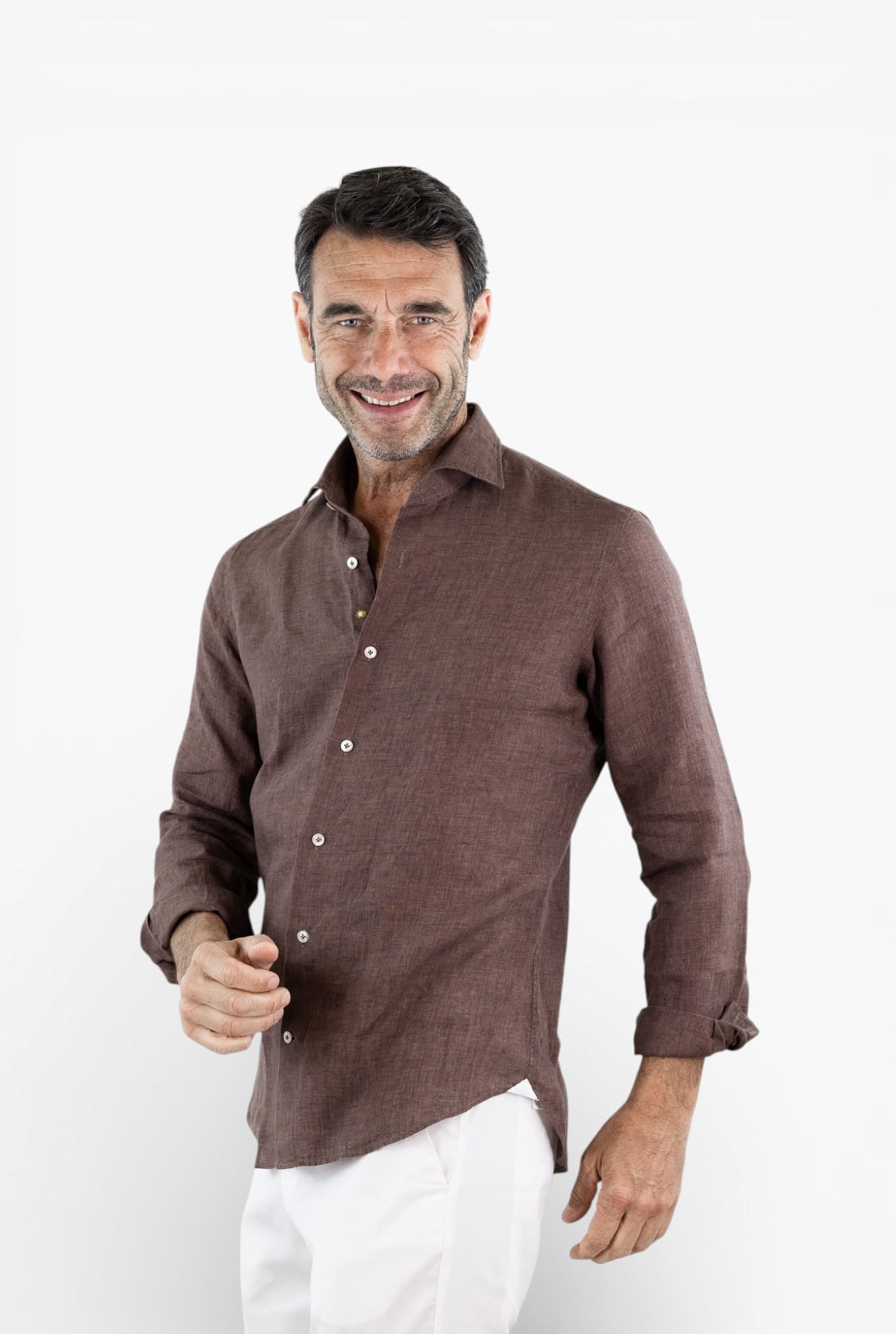 GIANNETTO PORTOFINO Camicia Lino Marrone COMFORT FIT