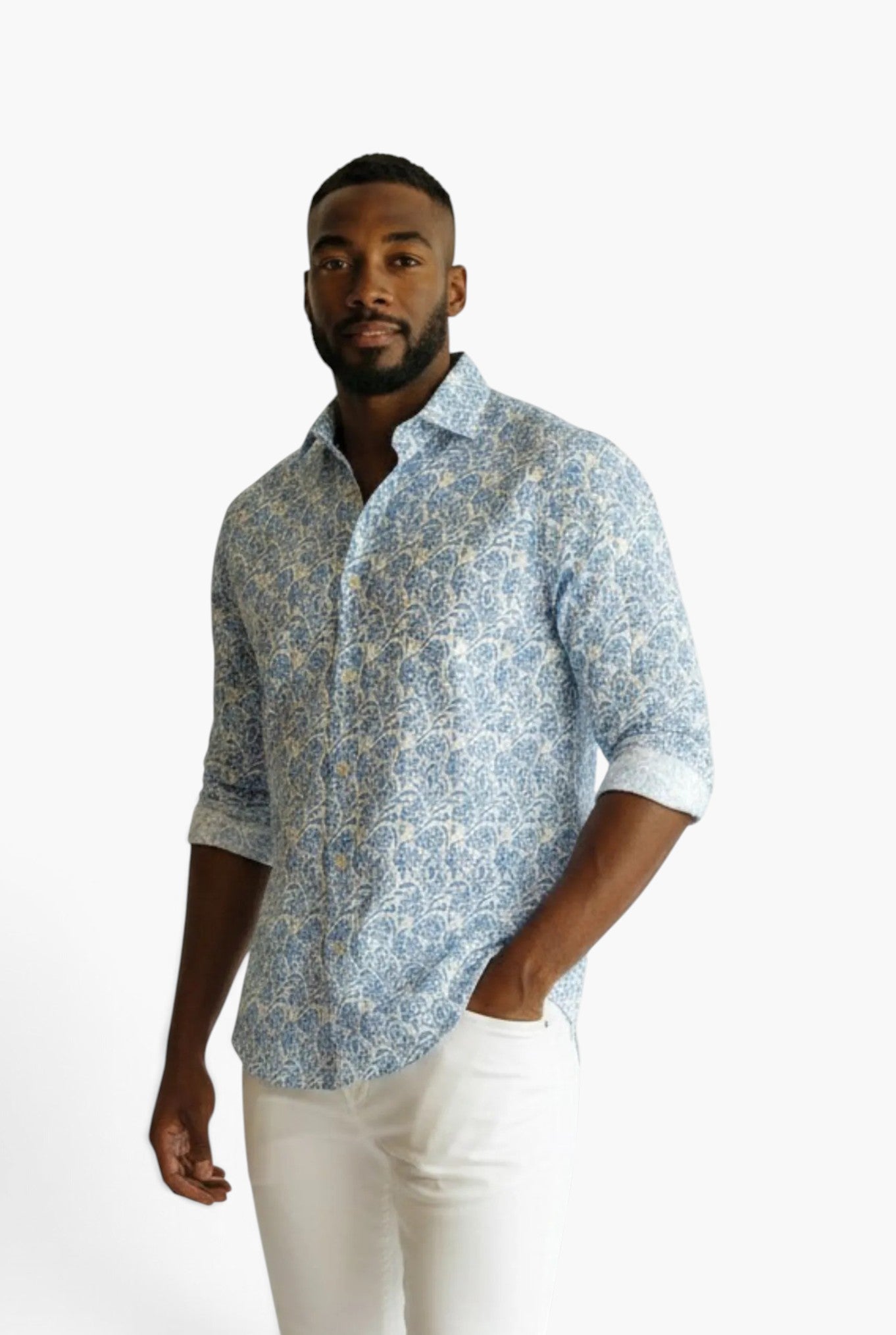 Camicia "Sean" Panamino Voile Cotone Fantasia Blu