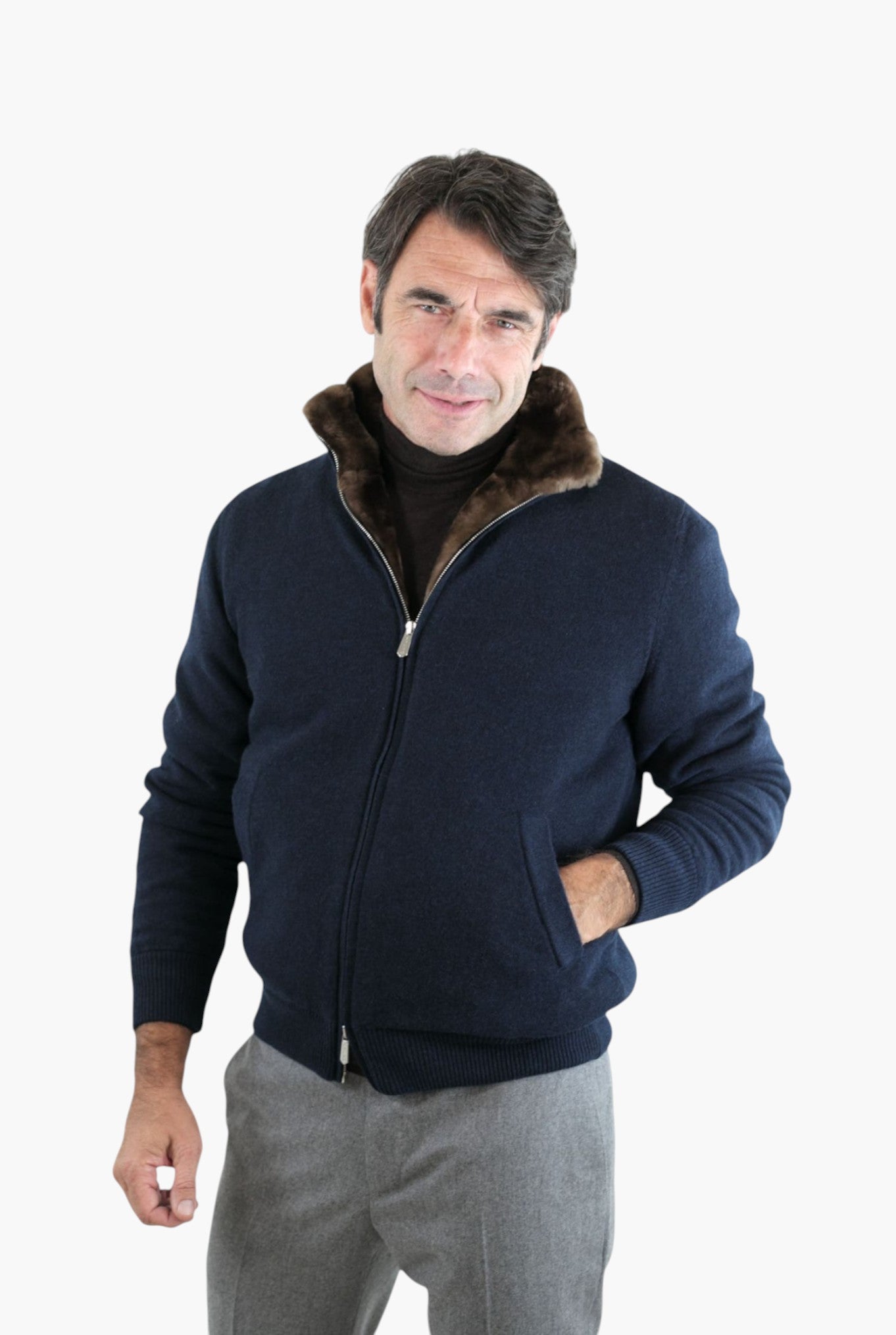 Bomber Maglia Cashmere Castorino Blu/Marrone