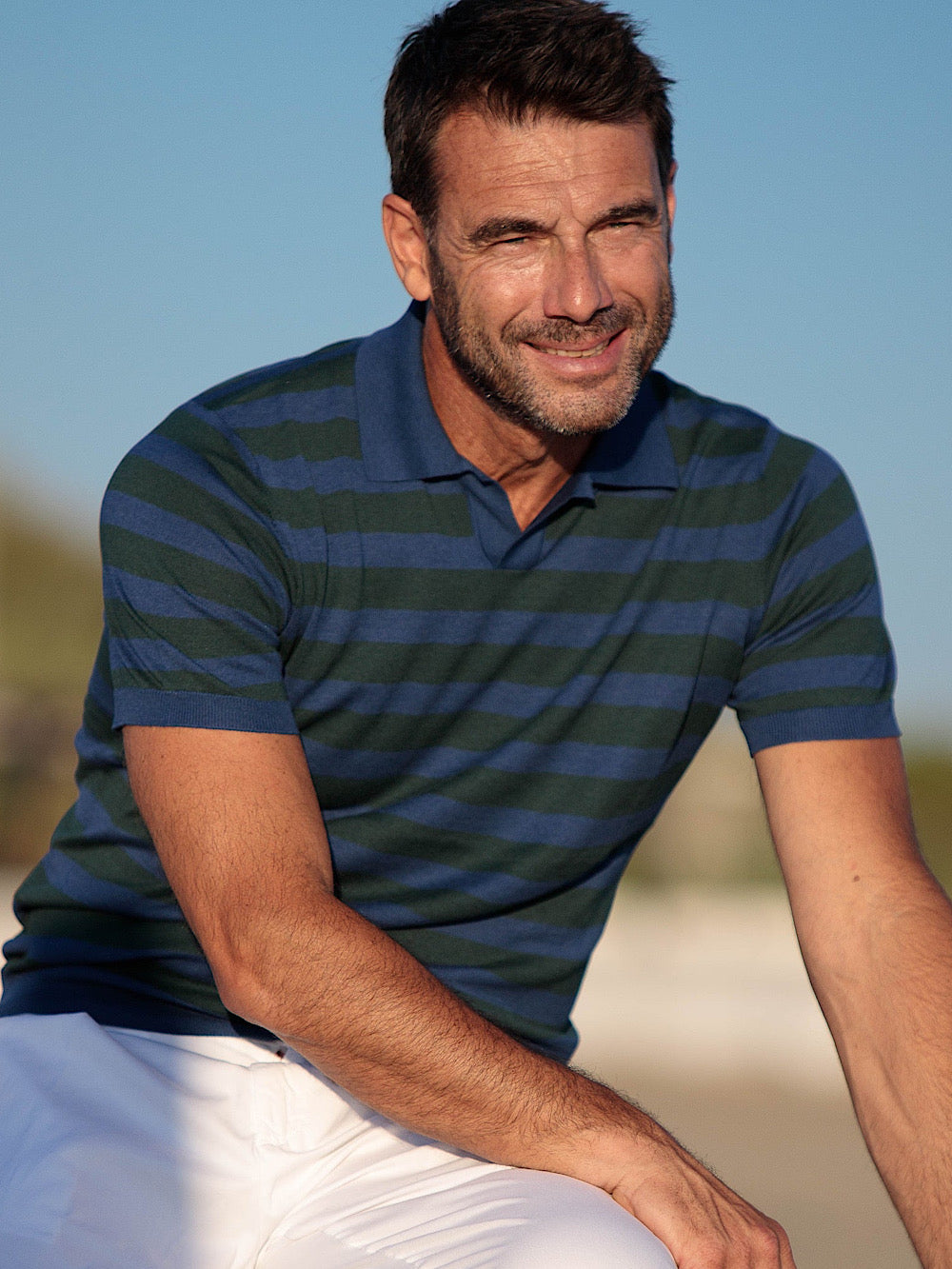 Guarino Polo without buttons silk and cotton blue and green stripes