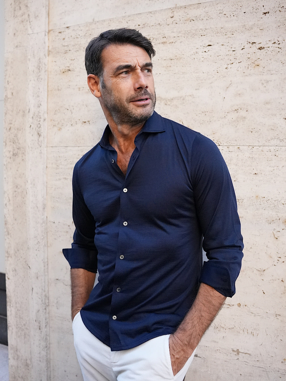 Fedeli Camicia Thomas in Jersey di Lana Blu