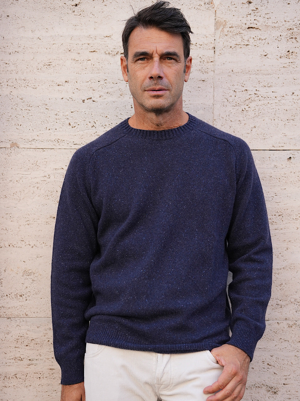 Fedeli Crewneck mod Argentina Saddler cashmere tweed blue