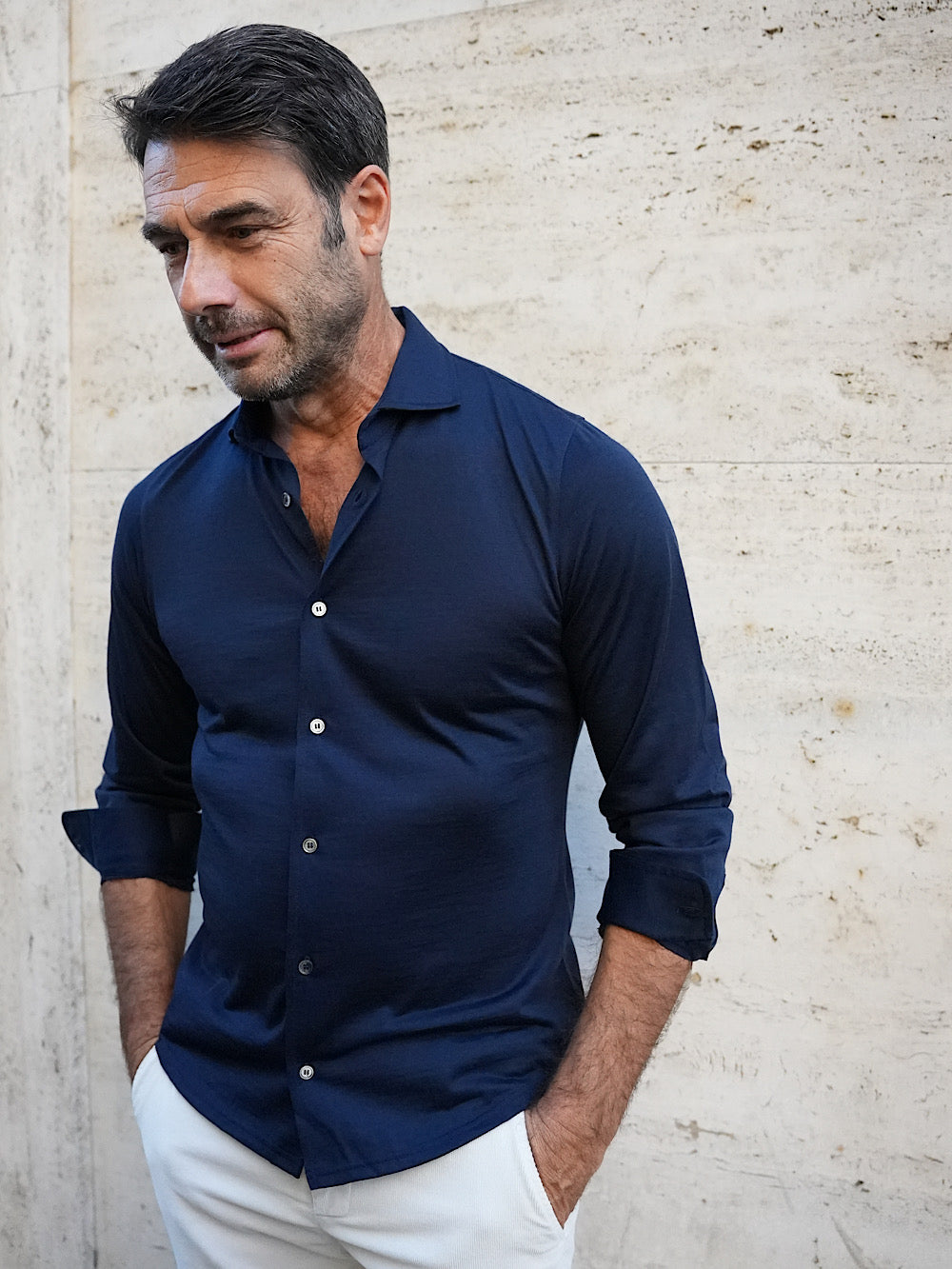 Fedeli Camicia Thomas in Jersey di Lana Blu