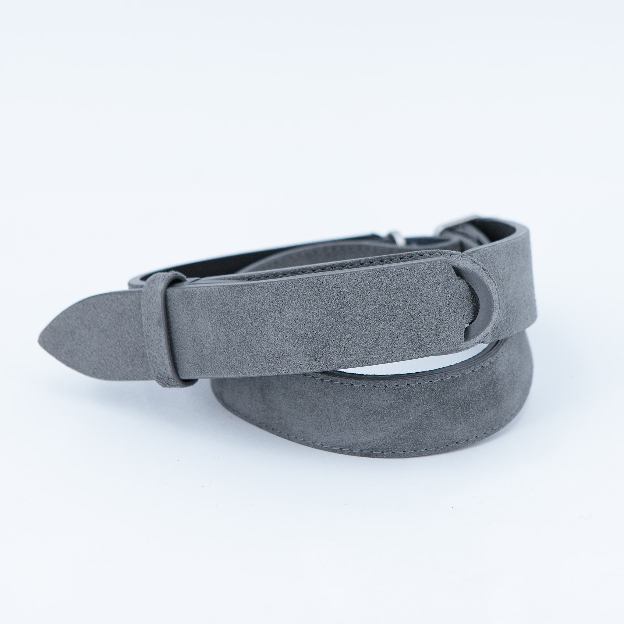 Nobuckle belt in gray suede