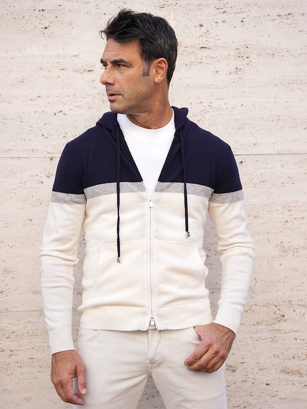 Borrelli Felpa con cappuccio lana cashmere blu grigio panna