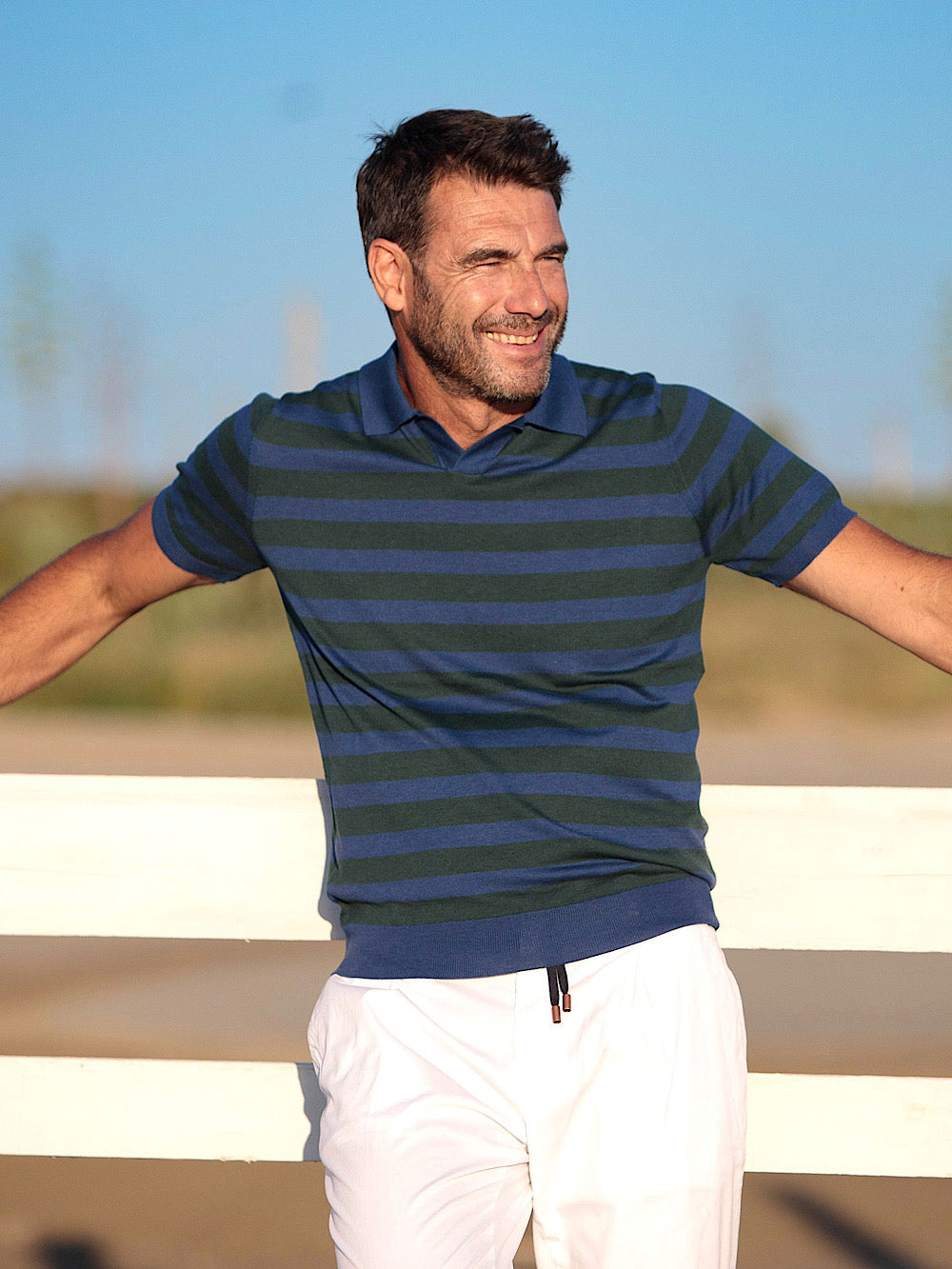 Guarino Polo without buttons silk and cotton blue and green stripes