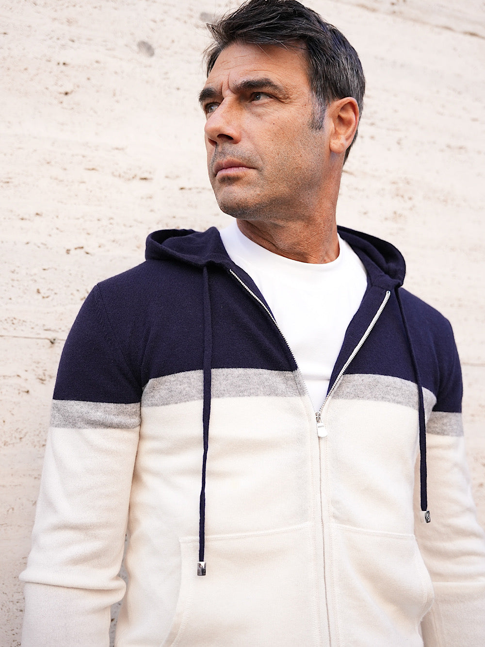 Borrelli Blue gray cream cashmere wool hooded sweatshirt