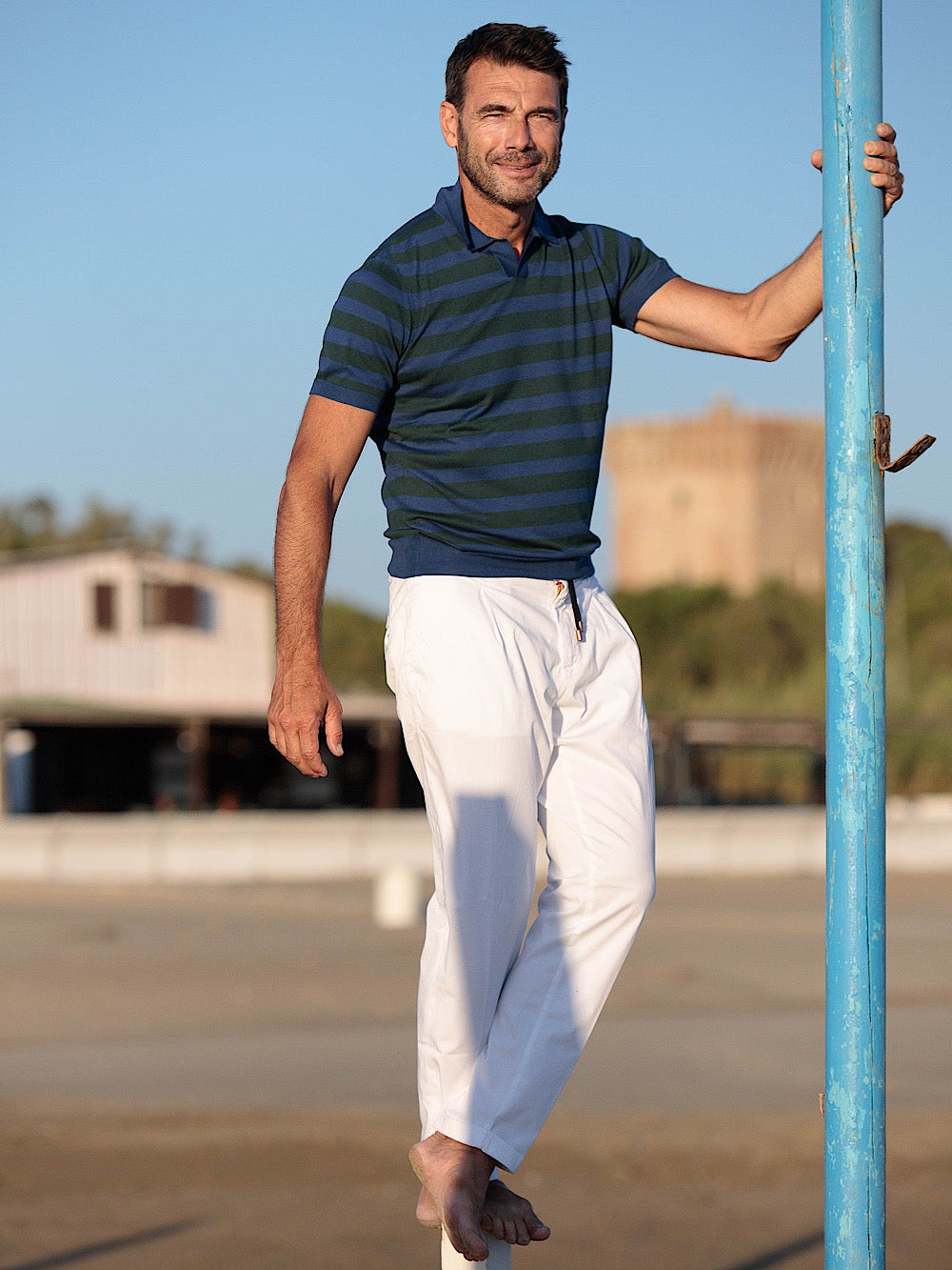 Guarino Polo without buttons silk and cotton blue and green stripes