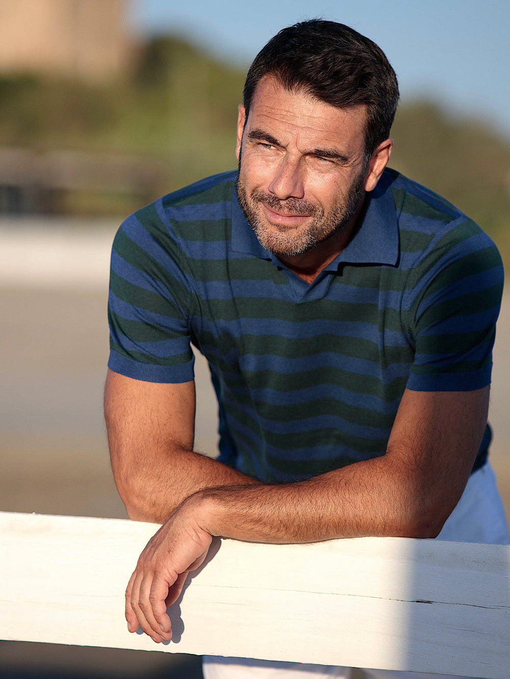 Guarino Polo without buttons silk and cotton blue and green stripes