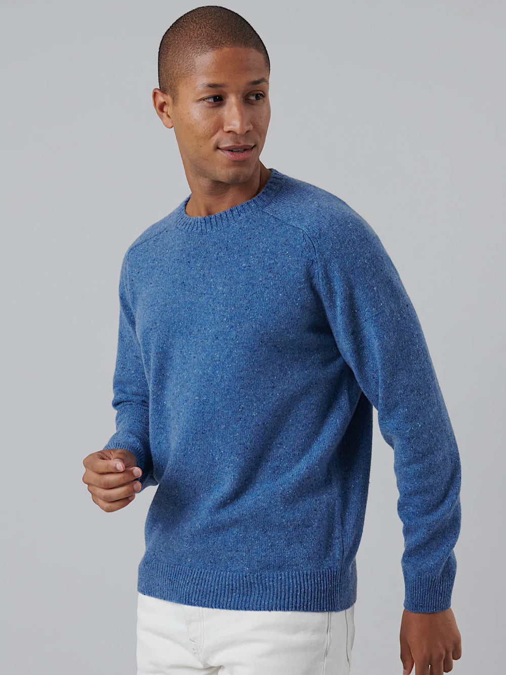 Fedeli Crew neck mod Argentina Saddler cashmere tweed light blue