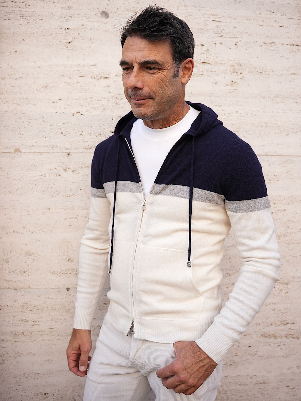 Borrelli Felpa con cappuccio lana cashmere blu grigio panna