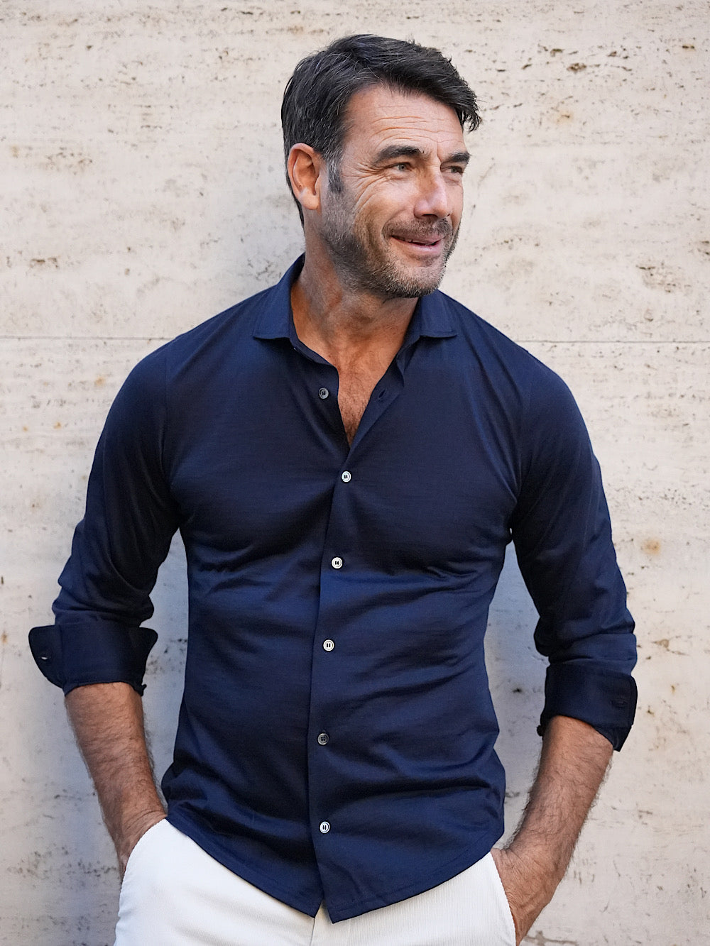 Fedeli Camicia Thomas in Jersey di Lana Blu